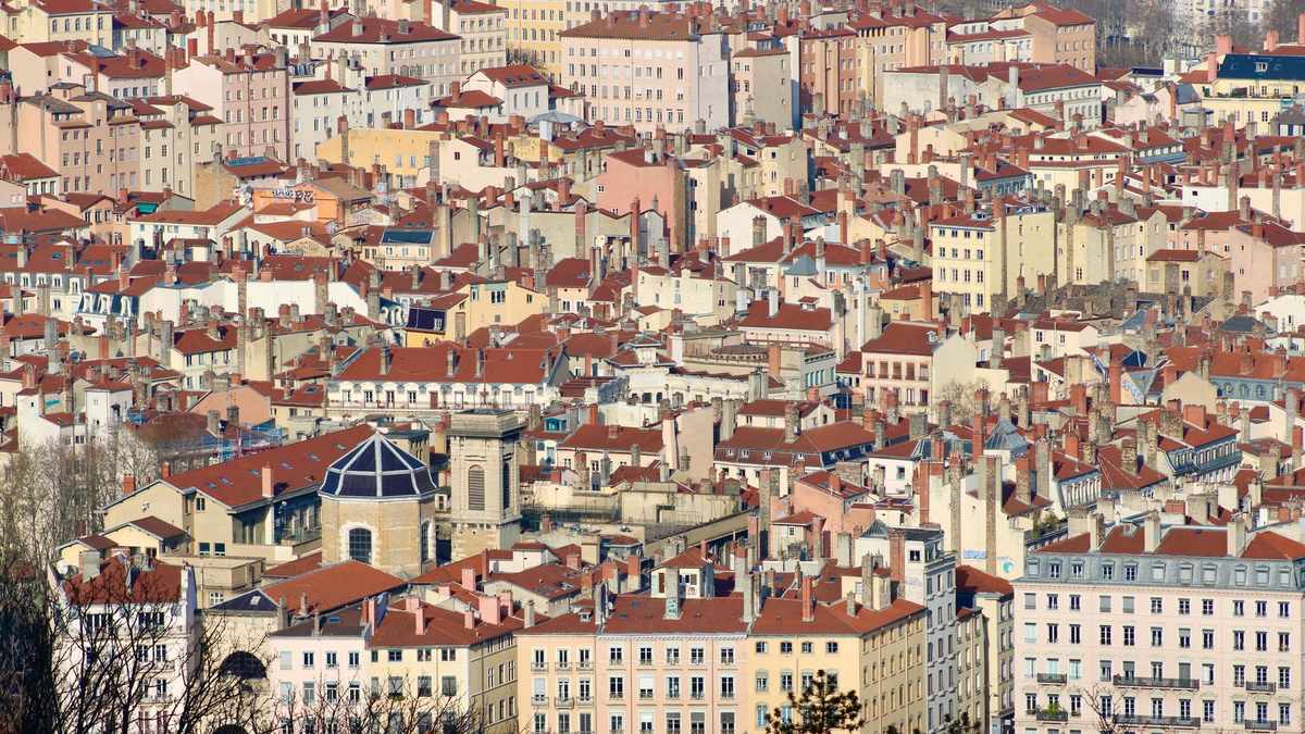 Vue aérienne des toits de Lyon avec combles aménagés et fenêtres de toit